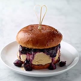 Caramelised French dipped brioche ice cream sandwich, blueberry compote Caramelised French dipped brioche ice cream sandwich, blueberry compote